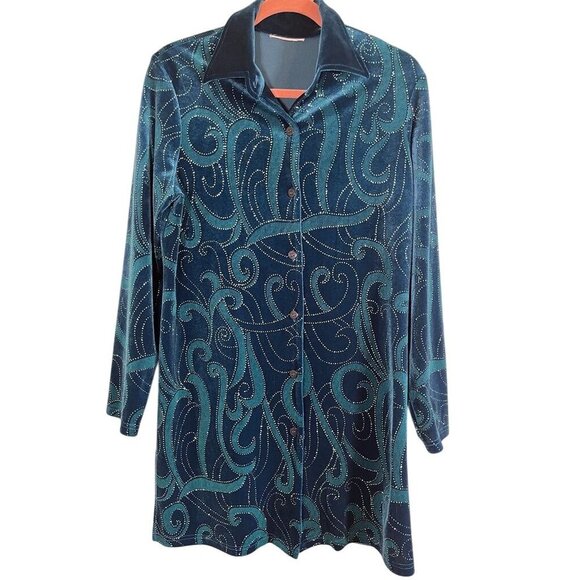 Velvet Floral Burnout Top M Blue Rhinestone Edgy Chic Neutral Paisley Resort 80s - Picture 1 of 11